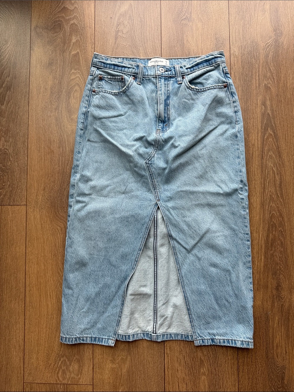 Abercrombie & Fitch Light Blue Denim Midi Skirt with Center Front Slit